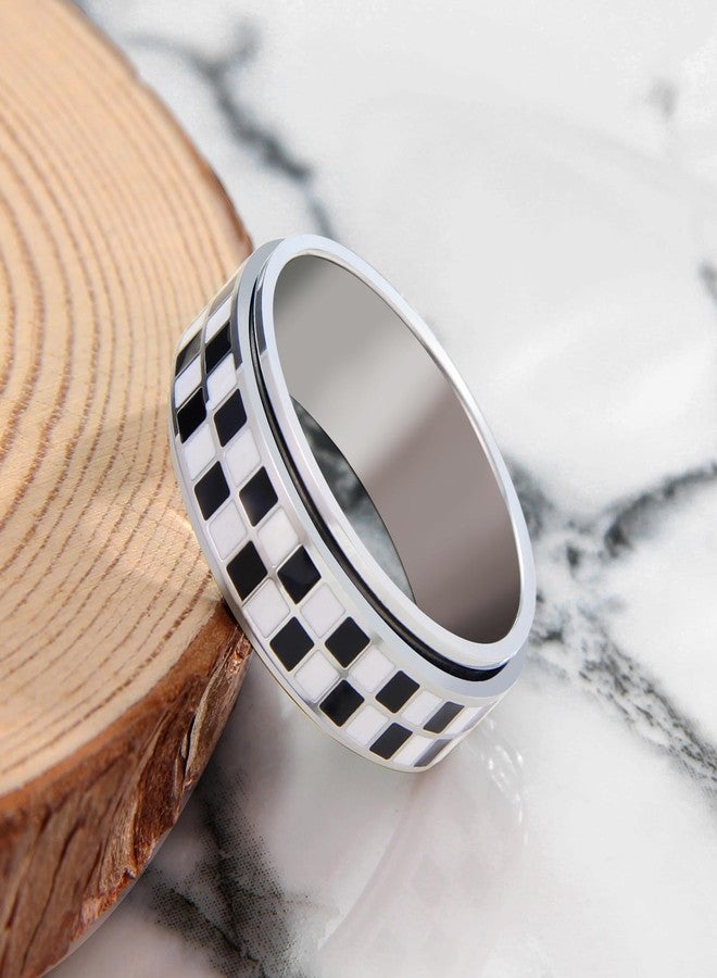SYDNFZY Checkerboard Fidget Ring for Men - 8mm Black and White Checkered Anxiety Spinner Jewelry for Adults, Stainless Steel Roating Ring for Stress Relief, Modern Jewelry Gift for Men Women (Silver, 10) - Image 5